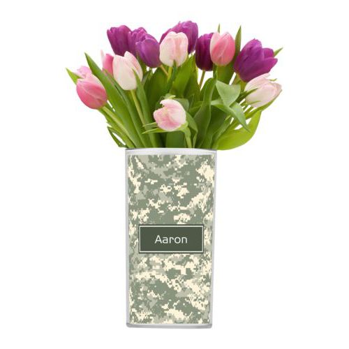Personalized vase personalized with army camo pattern and name in military gray