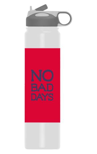 Custom stainless steel water bottle personalized with the saying "No Bad Days" in navy and bright red Custom stainless steel water bottle personalized with the saying "No Bad Days" in navy and bright red