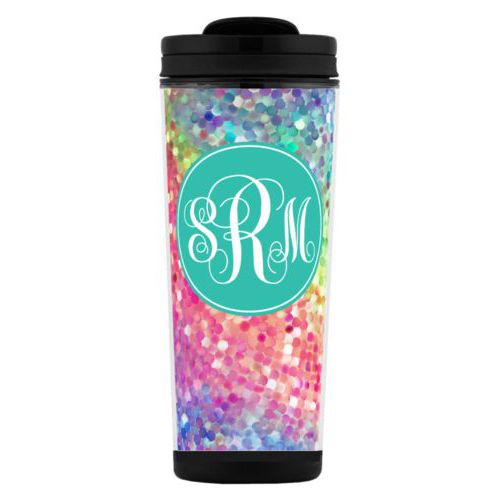 Custom tall coffee mug personalized with glitter pattern and monogram in minty