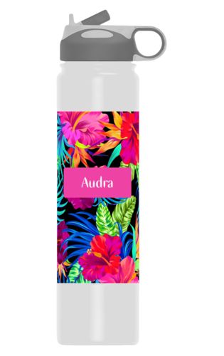 Personalized water bottles personalized with jungle pattern and name in juicy pink Personalized water bottles personalized with jungle pattern and name in juicy pink
