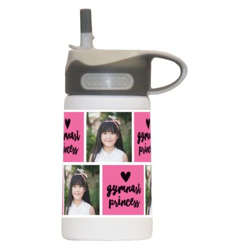 12 oz kids wide mouth personalized with a photo and the saying "gymnast princess" in black and pretty pink