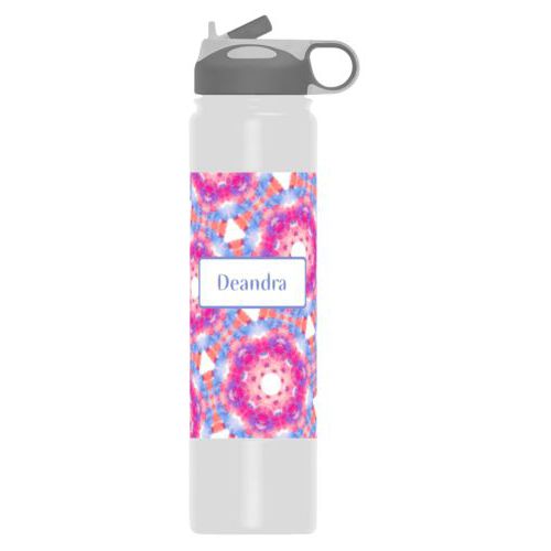 Thermal water bottle personalized with kaleidoscope pattern and name in periwinkle