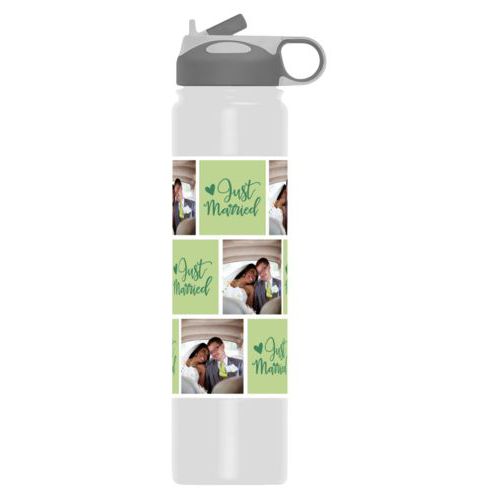 Vacuum water bottle personalized with a photo and the saying "just married" in pine green and leaf green