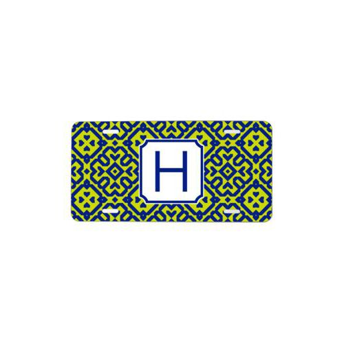 Personalized license plate personalized with plaid pattern and initial in marine and chartreuse