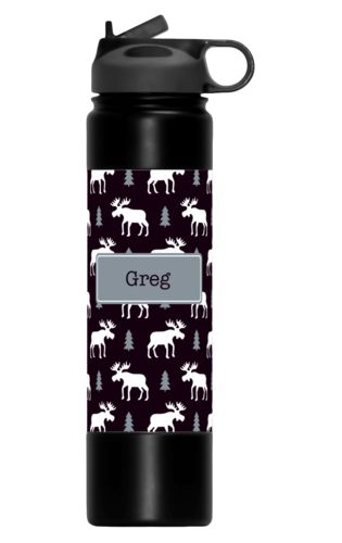 Custom water bottles personalized with moose pattern and name in sable Custom water bottles personalized with moose pattern and name in sable