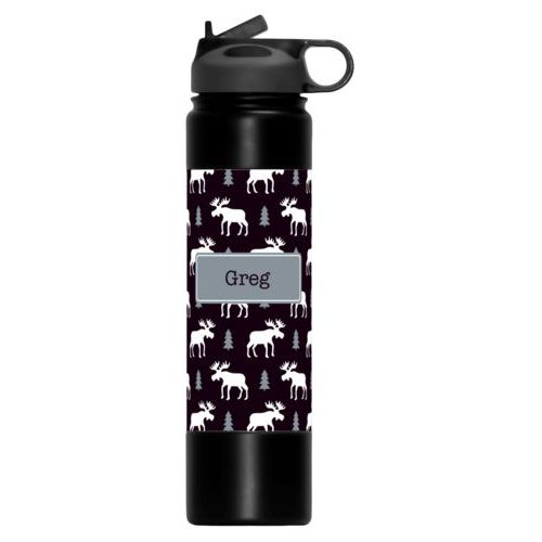 Custom water bottles personalized with moose pattern and name in sable