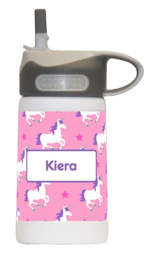 Boys water bottle personalized with unicorns pattern and name in purple Boys water bottle personalized with unicorns pattern and name in purple