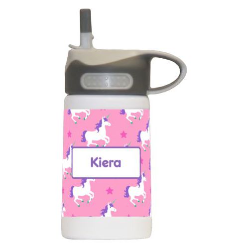 Boys water bottle personalized with unicorns pattern and name in purple