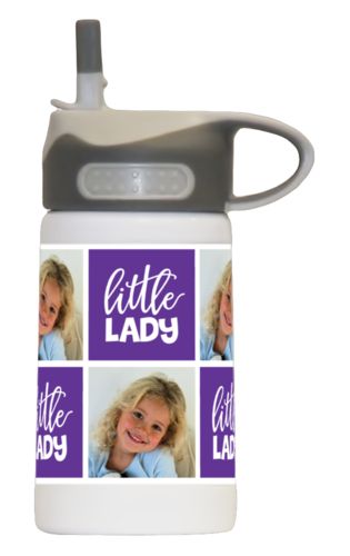 Metal drink bottle kids personalized with a photo and the saying "little lady" in purple and white Metal drink bottle kids personalized with a photo and the saying "little lady" in purple and white