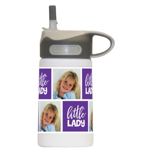Metal drink bottle kids personalized with a photo and the saying "little lady" in purple and white