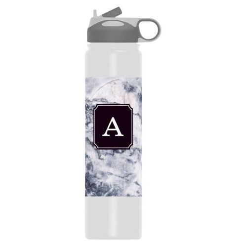Insulated water bottle personalized with white pattern and initial in black licorice