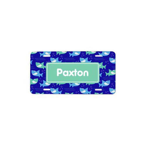 Personalized license plate personalized with sharks pattern and name in mint