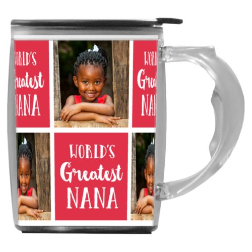Custom mug with handle personalized with a photo and the saying "World's Greatest Nana" in cherry red and white