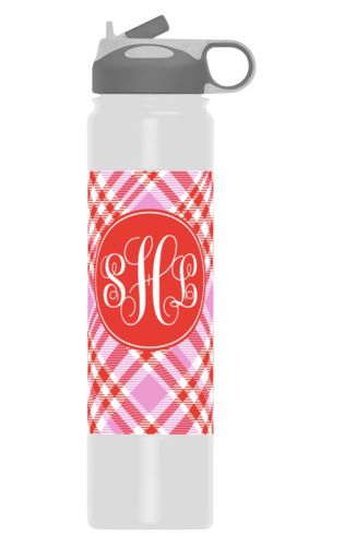 Metal insulated water bottle personalized with tartan pattern and monogram in red punch and thistle Metal insulated water bottle personalized with tartan pattern and monogram in red punch and thistle