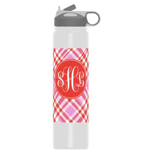 Metal insulated water bottle personalized with tartan pattern and monogram in red punch and thistle