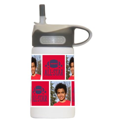 Boys water bottle personalized with a photo and the saying "football all-star" in navy and bright red