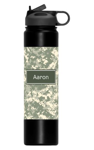 Custom metal water bottles personalized with army camo pattern and name in military gray Custom metal water bottles personalized with army camo pattern and name in military gray