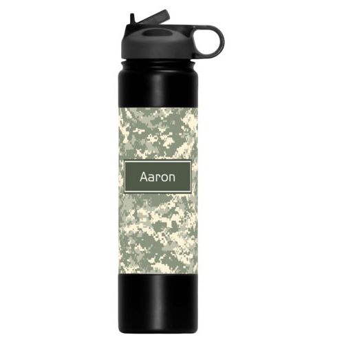 Custom metal water bottles personalized with army camo pattern and name in military gray