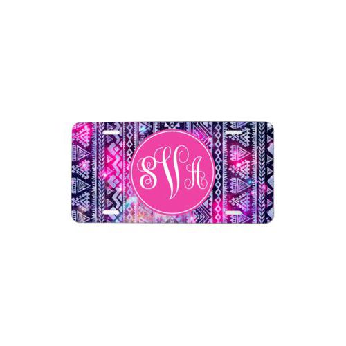 Monogram license plate personalized with nebula pattern and monogram in juicy pink