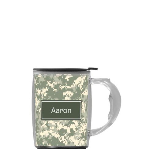 Custom mug with handle personalized with army camo pattern and name in military gray