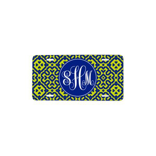 Custom license plate personalized with plaid pattern and monogram in marine and chartreuse