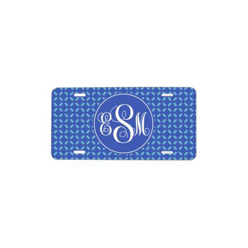 Custom car tag personalized with clover pattern and monogram in cornflower and periwinkle
