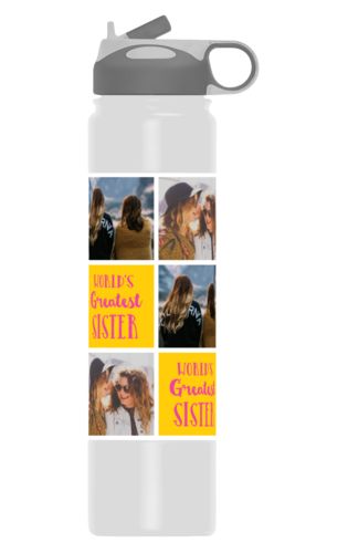 Custom water bottles personalized with photos and the saying "World's Greatest Sister" in juicy pink and gold Custom water bottles personalized with photos and the saying "World's Greatest Sister" in juicy pink and gold