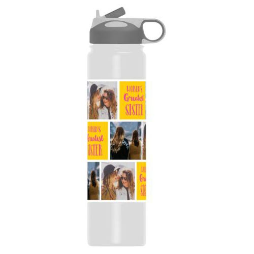 Custom water bottles personalized with photos and the saying "World's Greatest Sister" in juicy pink and gold
