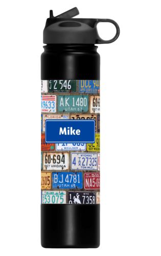Vacuum insulated water bottle personalized with license plates pattern and name in royal blue Vacuum insulated water bottle personalized with license plates pattern and name in royal blue