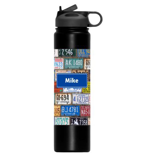 Vacuum insulated water bottle personalized with license plates pattern and name in royal blue