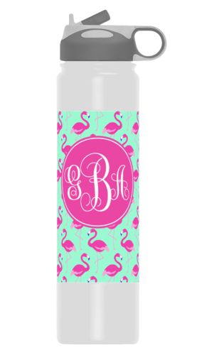 Personalized stainless steel water bottles personalized with flamingos pattern and monogram in bright pink Personalized stainless steel water bottles personalized with flamingos pattern and monogram in bright pink