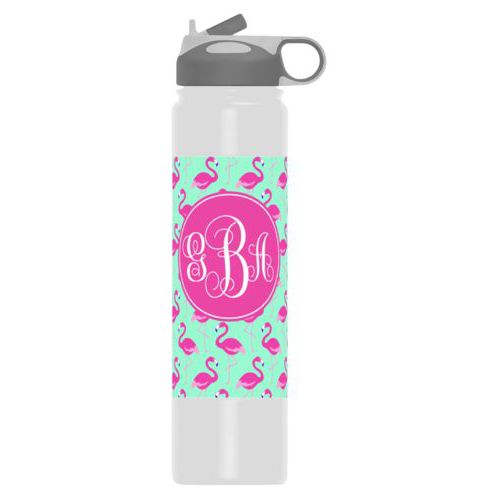 Personalized stainless steel water bottles personalized with flamingos pattern and monogram in bright pink
