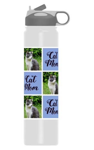 Double walled water bottle personalized with a photo and the saying "cat mom" in black and serenity blue Double walled water bottle personalized with a photo and the saying "cat mom" in black and serenity blue