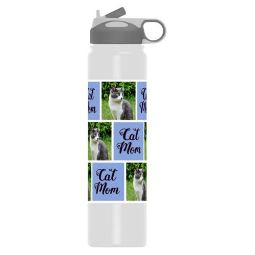 Double walled water bottle personalized with a photo and the saying "cat mom" in black and serenity blue