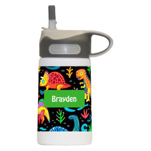 Water bottle for kids personalized with dinos pattern and name in green
