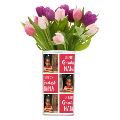 Personalized vase personalized with a photo and the saying "World's Greatest Nana" in cherry red and white