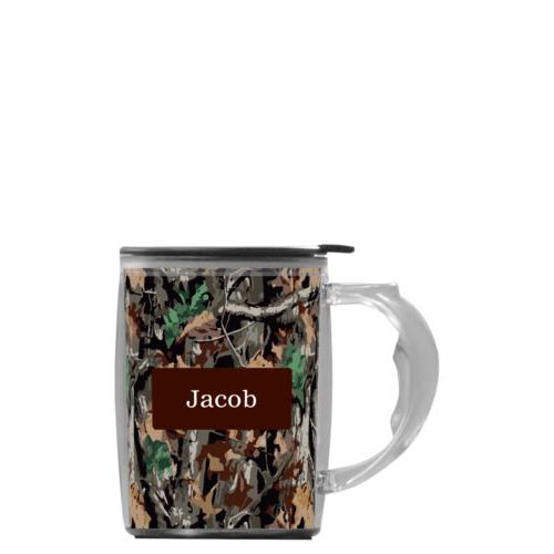 Custom mug with handle personalized with hunting camo pattern and name in chocolate brown party goods