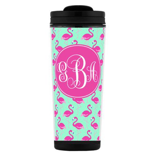 Custom tall coffee mug personalized with flamingos pattern and monogram in bright pink