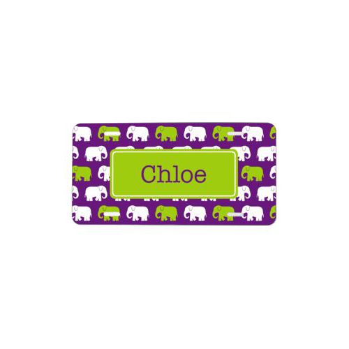 Custom car tag personalized with elephants pattern and name in orchid and juicy green