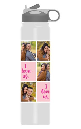 Vacuum sealed water bottle personalized with photos and the saying "I love us" in jewel - tourmaline and pink Vacuum sealed water bottle personalized with photos and the saying "I love us" in jewel - tourmaline and pink