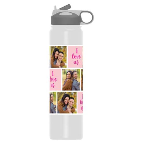 Vacuum sealed water bottle personalized with photos and the saying "I love us" in jewel - tourmaline and pink