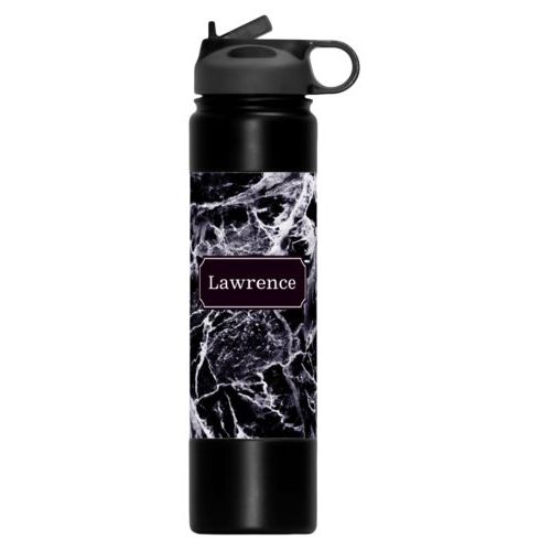 Insulated water bottle personalized with onyx pattern and name in black licorice