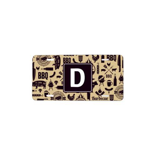 Custom car plate personalized with bbq club pattern and initial in black and oatmeal