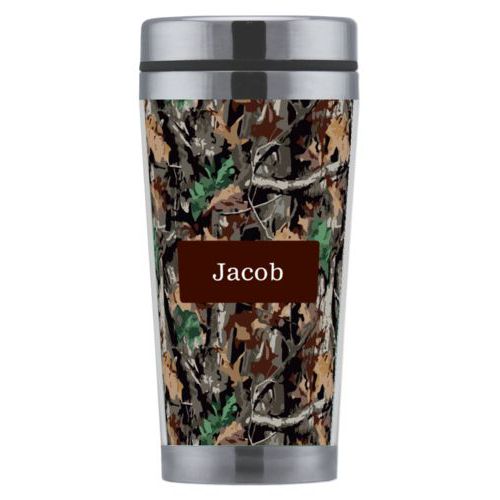 Personalized coffee mug personalized with hunting camo pattern and name in chocolate brown party goods