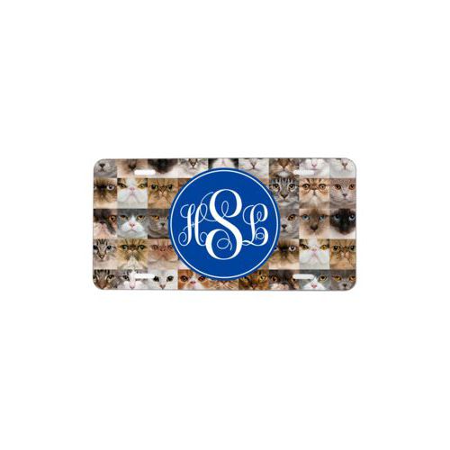 Custom license plate personalized with wanted pattern and monogram in royal blue