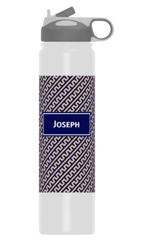 Double wall stainless steel water bottle personalized with dolman pattern and name in true navy and oatmeal Double wall stainless steel water bottle personalized with dolman pattern and name in true navy and oatmeal