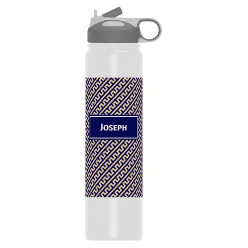 Double wall stainless steel water bottle personalized with dolman pattern and name in true navy and oatmeal