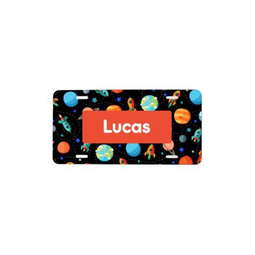 Best custom license plate personalized with space pattern and name in warm red