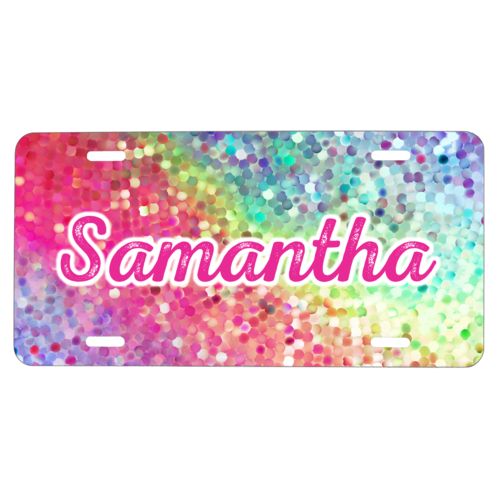 Custom license plate personalized with glitter pattern and the saying "Samantha"