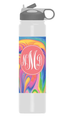 Insulated water bottle personalized with marbling pattern and monogram in peach echo Insulated water bottle personalized with marbling pattern and monogram in peach echo